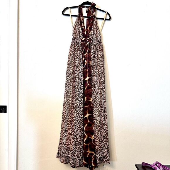 Y2K Chiffon MODA International Women Maxi Dress Long Halter Neck Animal Print M - Picture 2 of 7